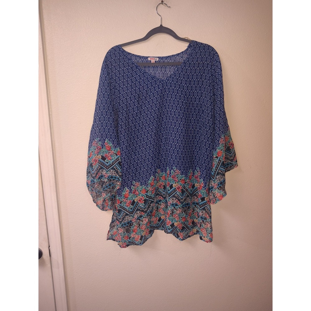 Bongo Plus Womens 1X Blue Geometric Floral Border Print V-Neck Tunic Blouse